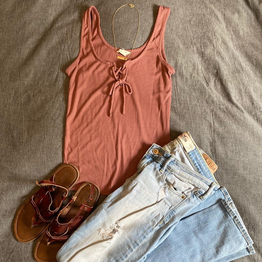 Cute Ribbed Rose Colored Tie Tank Top